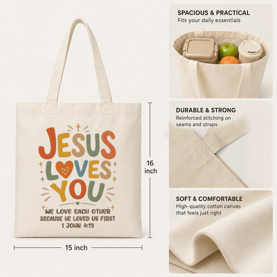 Jesus Loves You Christian Tote Bag For Women Bible Verse Canvas Bag Church Gift Religious Inspirational John 4 19 Faith Tote Bags Grocery Shopping Beach Churchgoers | teecentury