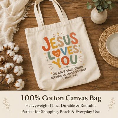Jesus Loves You Christian Tote Bag For Women Bible Verse Canvas Bag Church Gift Religious Inspirational John 4 19 Faith Tote Bags Grocery Shopping Beach Churchgoers | teecentury