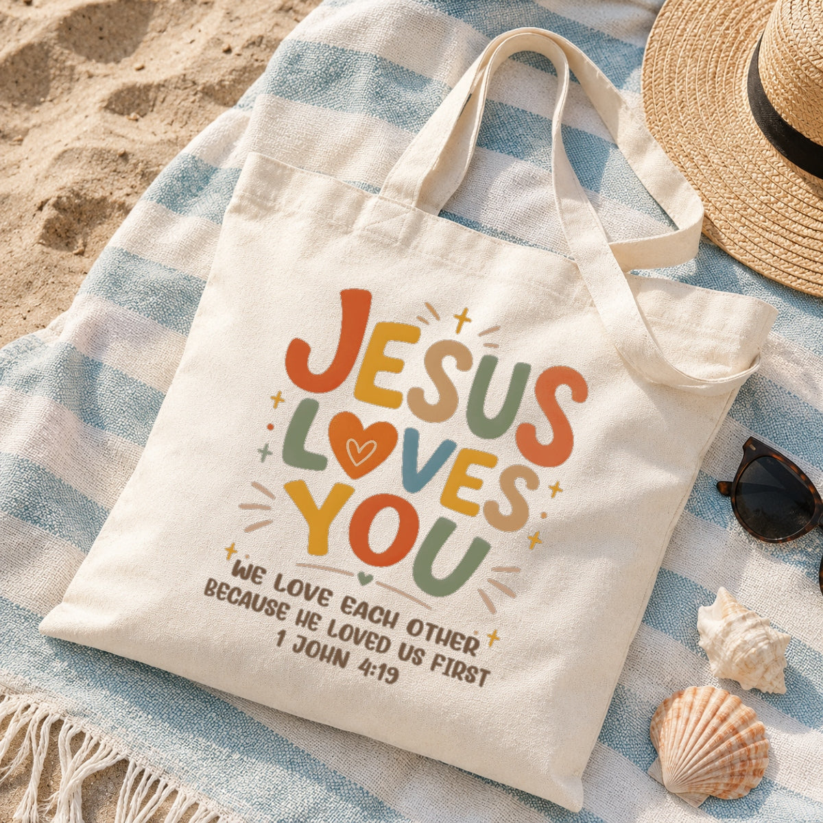 Jesus Loves You Christian Tote Bag For Women Bible Verse Canvas Bag Church Gift Religious Inspirational John 4 19 Faith Tote Bags Grocery Shopping Beach Churchgoers | teecentury