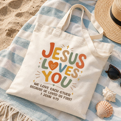 Jesus Loves You Christian Tote Bag For Women Bible Verse Canvas Bag Church Gift Religious Inspirational John 4 19 Faith Tote Bags Grocery Shopping Beach Churchgoers | teecentury