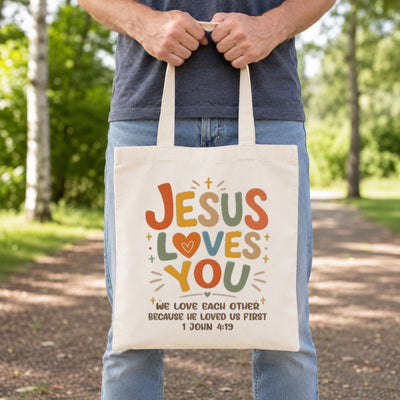 Jesus Loves You Christian Tote Bag For Women Bible Verse Canvas Bag Church Gift Religious Inspirational John 4 19 Faith Tote Bags Grocery Shopping Beach Churchgoers | teecentury