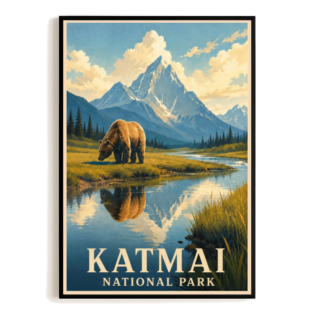 Katmai National Park Alaska Travel Poster Bear Mountain Landscape Vintage Wall Art Print Nature Adventure Souvenir For Home Living Room Office Bedroom Decor Unframed | teecentury