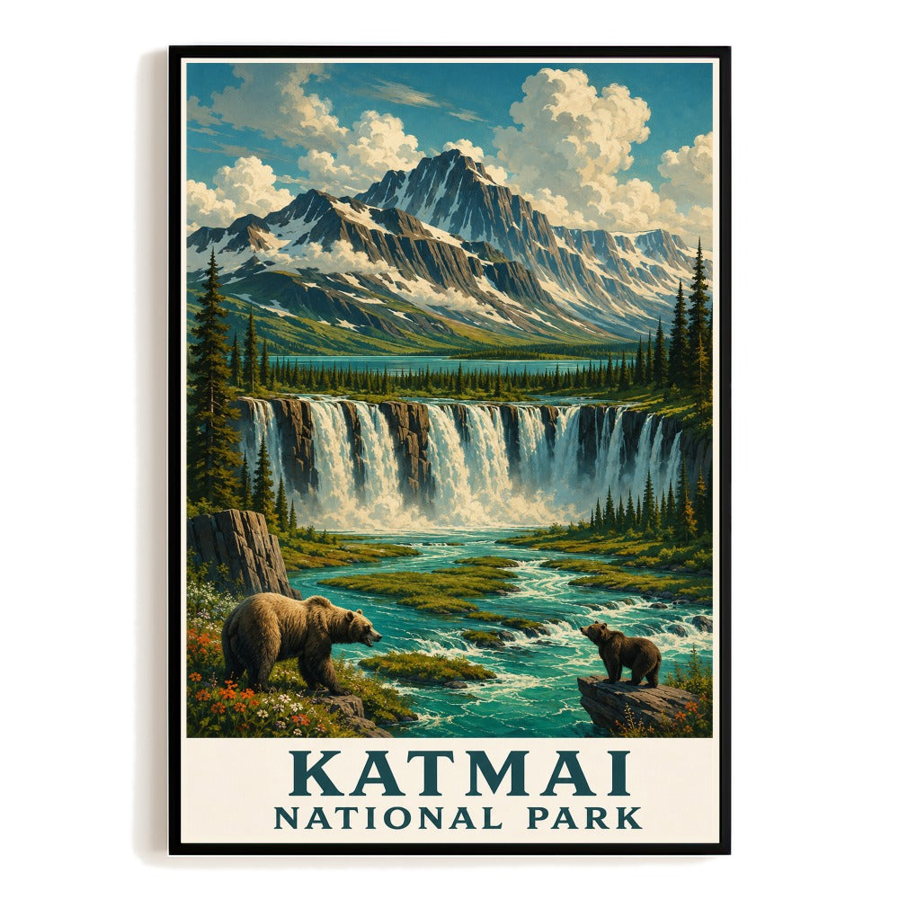Katmai National Park Travel Poster Alaska Brown Bear Waterfall Mountain Landscape Vintage Wall Art Print Scenic Nature Painting Picture Ideal For Home Decor Unframed | teecentury