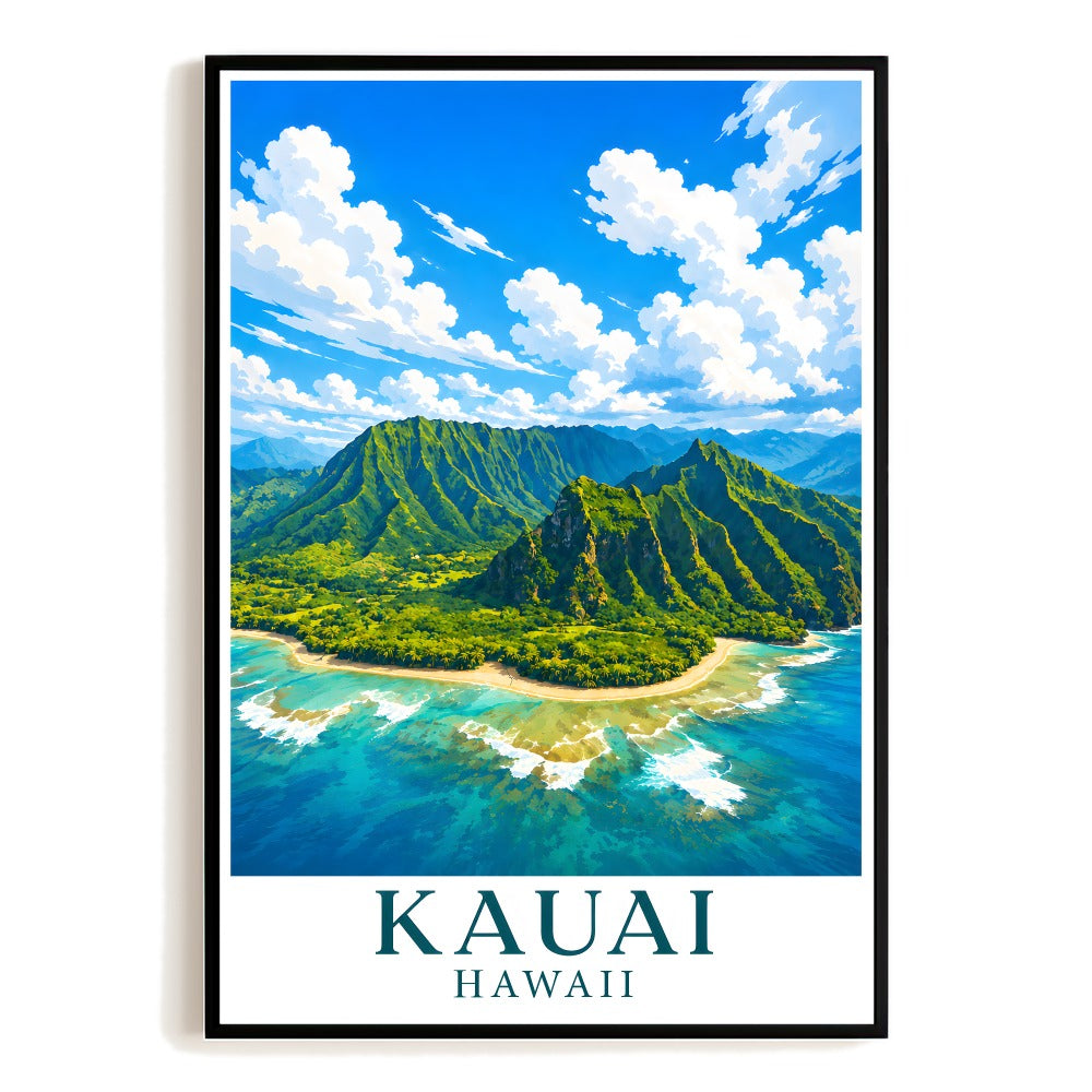 Kauai Hawaii Hawaiian Archipelago Vintage Travel Poster Aerial Beach Mountain Landscape Wall Art Decor Souvenir Print For Home Living Room Office Bedroom Unframed | teecentury