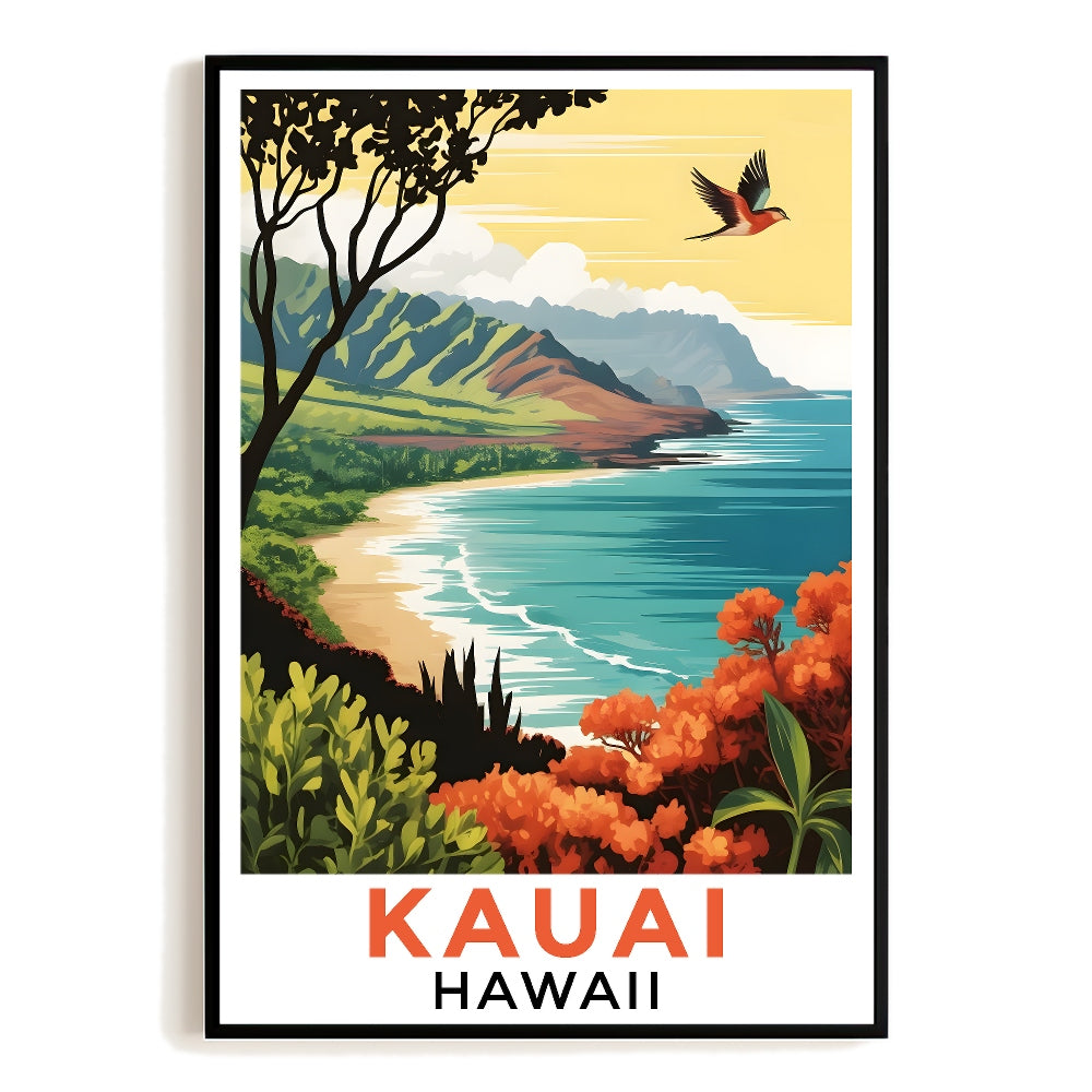 Kauai Hawaii Vintage Art Poster Ocean And Mountain Retro Hawaiian Travel Souvenir Wall Art Print Landscape Painting Ideal For Home And Office Living Room Decor Unframed | teecentury