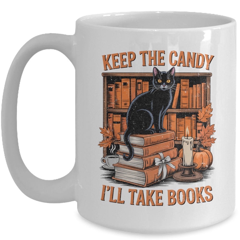 Keep The Candy I'll Take Books Lover Halloween Cat Teacher Mug | teecentury