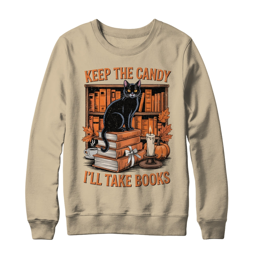 Keep The Candy I'll Take Books Lover Halloween Cat Teacher Shirt & Sweatshirt | teecentury