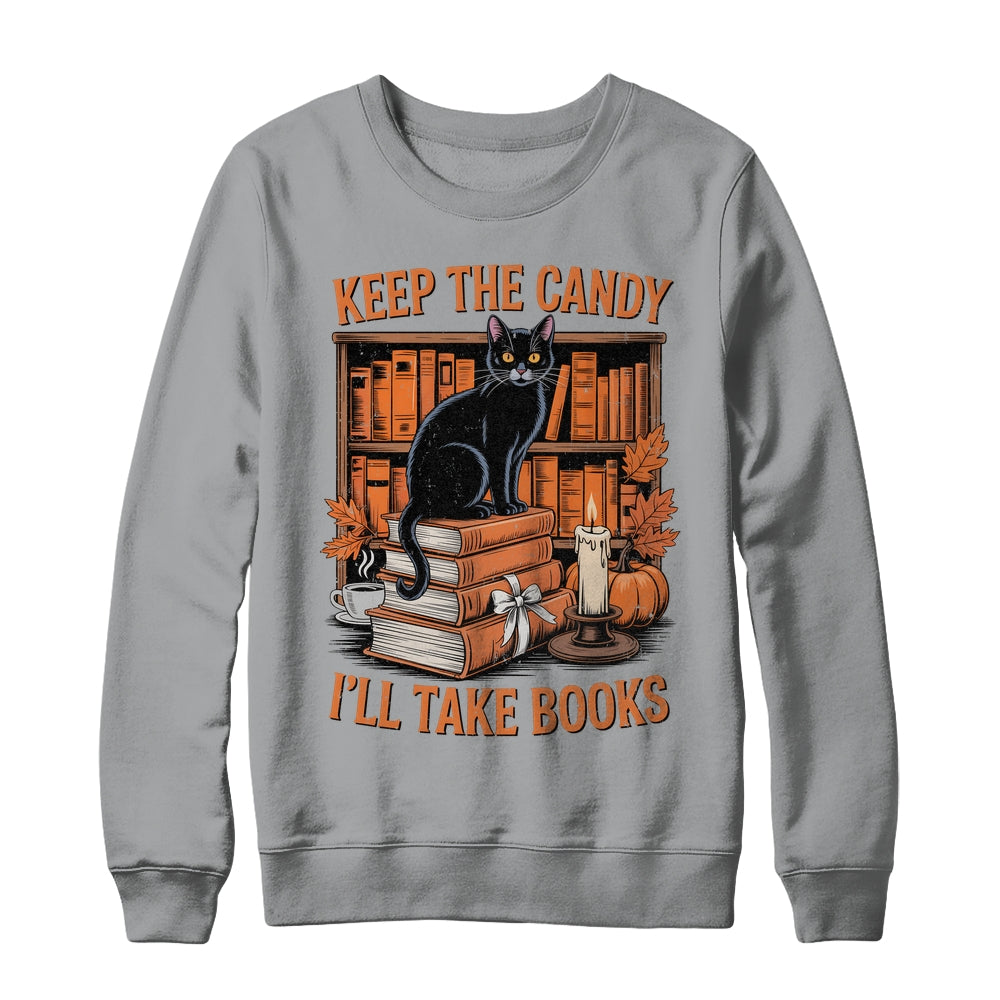 Keep The Candy I'll Take Books Lover Halloween Cat Teacher Shirt & Sweatshirt | teecentury