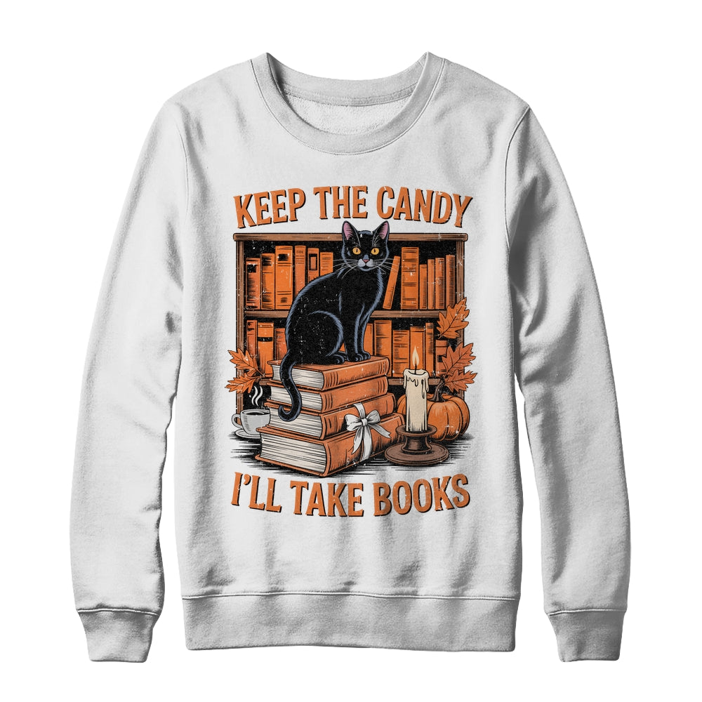 Keep The Candy I'll Take Books Lover Halloween Cat Teacher Shirt & Sweatshirt | teecentury