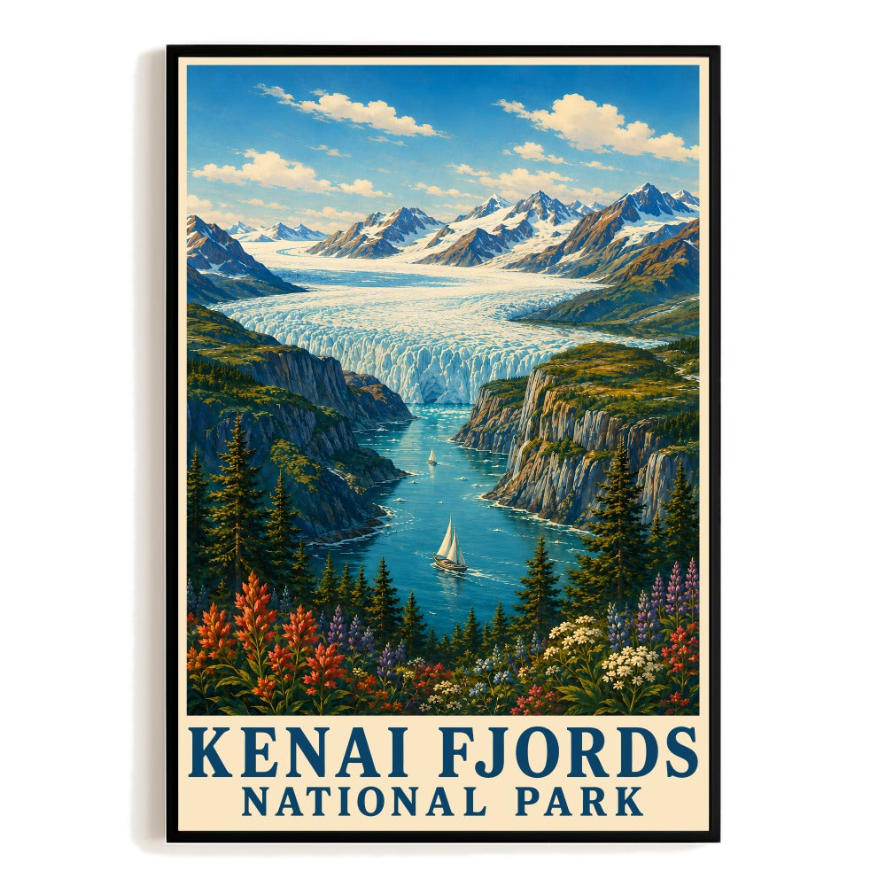Kenai Fjords National Park Travel Poster Alaska Glacier Fjord Landscape Vintage Wall Art Print Mountain Waterfall Scenic Picture Ideal For Home Bedroom Decor Unframed | teecentury