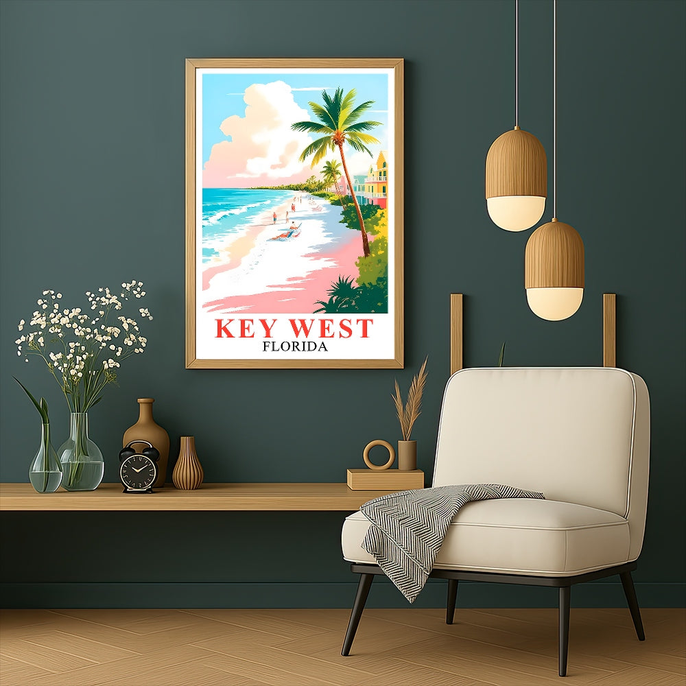 Key West Print Travel Poster Tropical Beach Palm Trees Florida Souvenir Wall Art Landscape Painting Picture Ideal For Home Living Room Office Bedroom Decor Unframed | teecentury