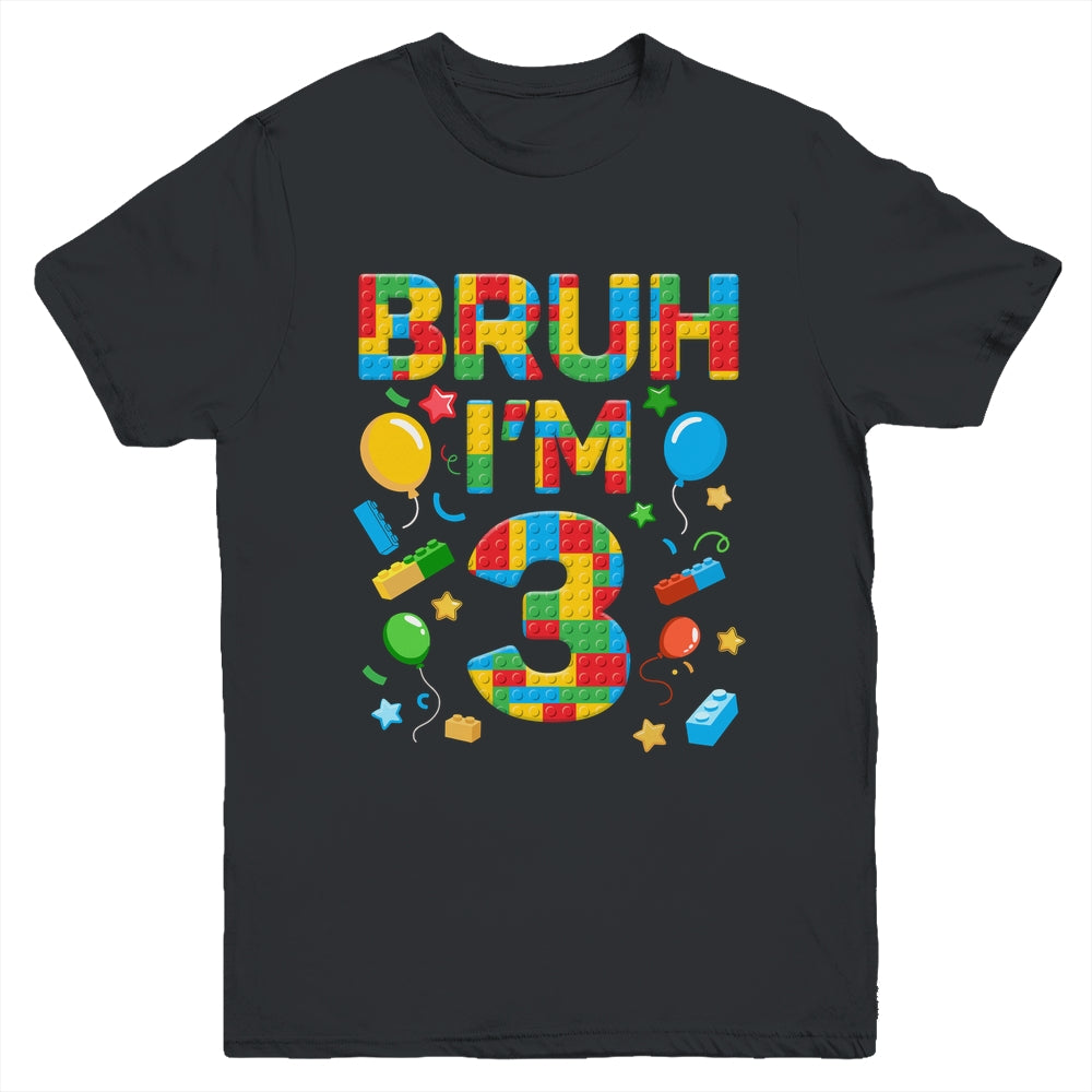 Kids 3 Year Old Building Blocks Bruh 3rd Birthday Boy Youth Shirt | teecentury