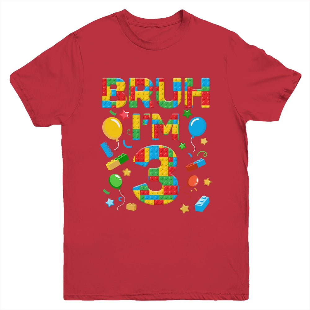 Kids 3 Year Old Building Blocks Bruh 3rd Birthday Boy Youth Shirt | teecentury