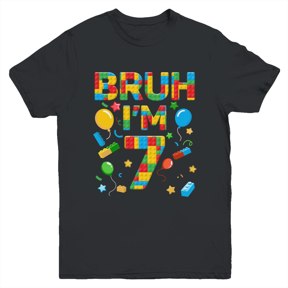 Kids 7 Year Old Building Blocks Bruh 7th Birthday Boy Youth Shirt | teecentury
