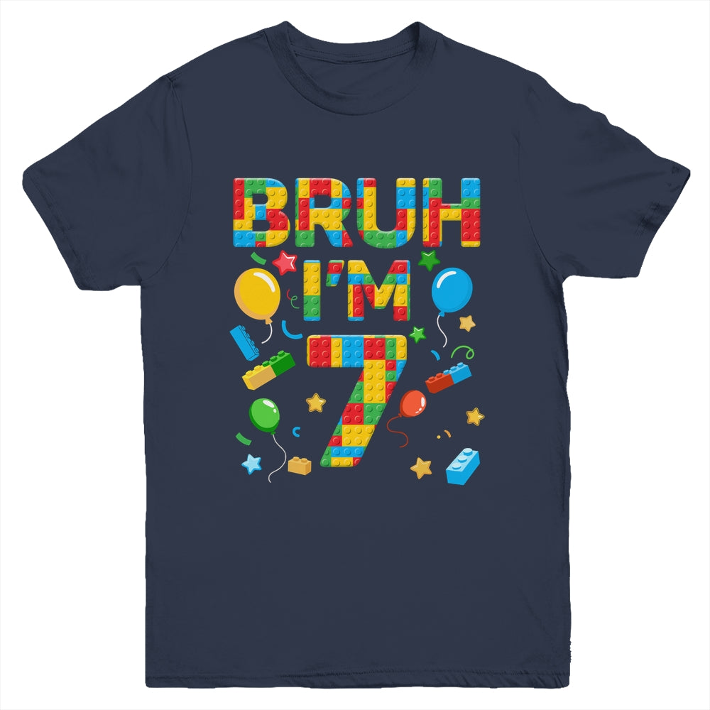 Kids 7 Year Old Building Blocks Bruh 7th Birthday Boy Youth Shirt | teecentury