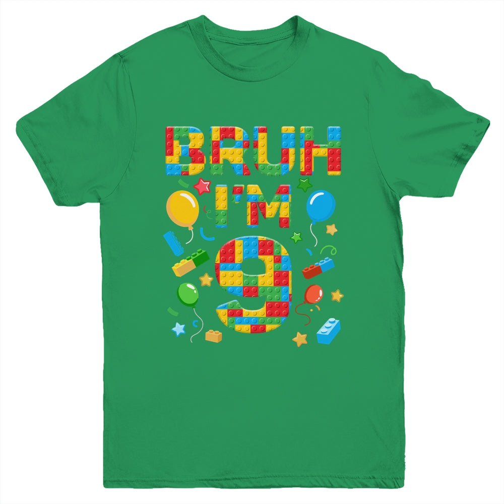 Kids 9 Year Old Building Blocks Bruh 9th Birthday Boy Youth Shirt | teecentury