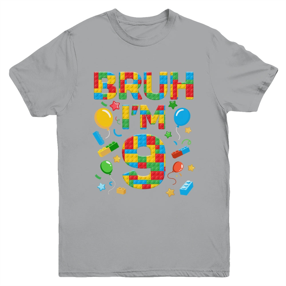 Kids 9 Year Old Building Blocks Bruh 9th Birthday Boy Youth Shirt | teecentury