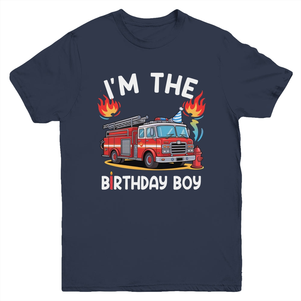 Kids Birthday Boy Fire Truck Firefighter Bday Party Theme Youth Shirt | teecentury