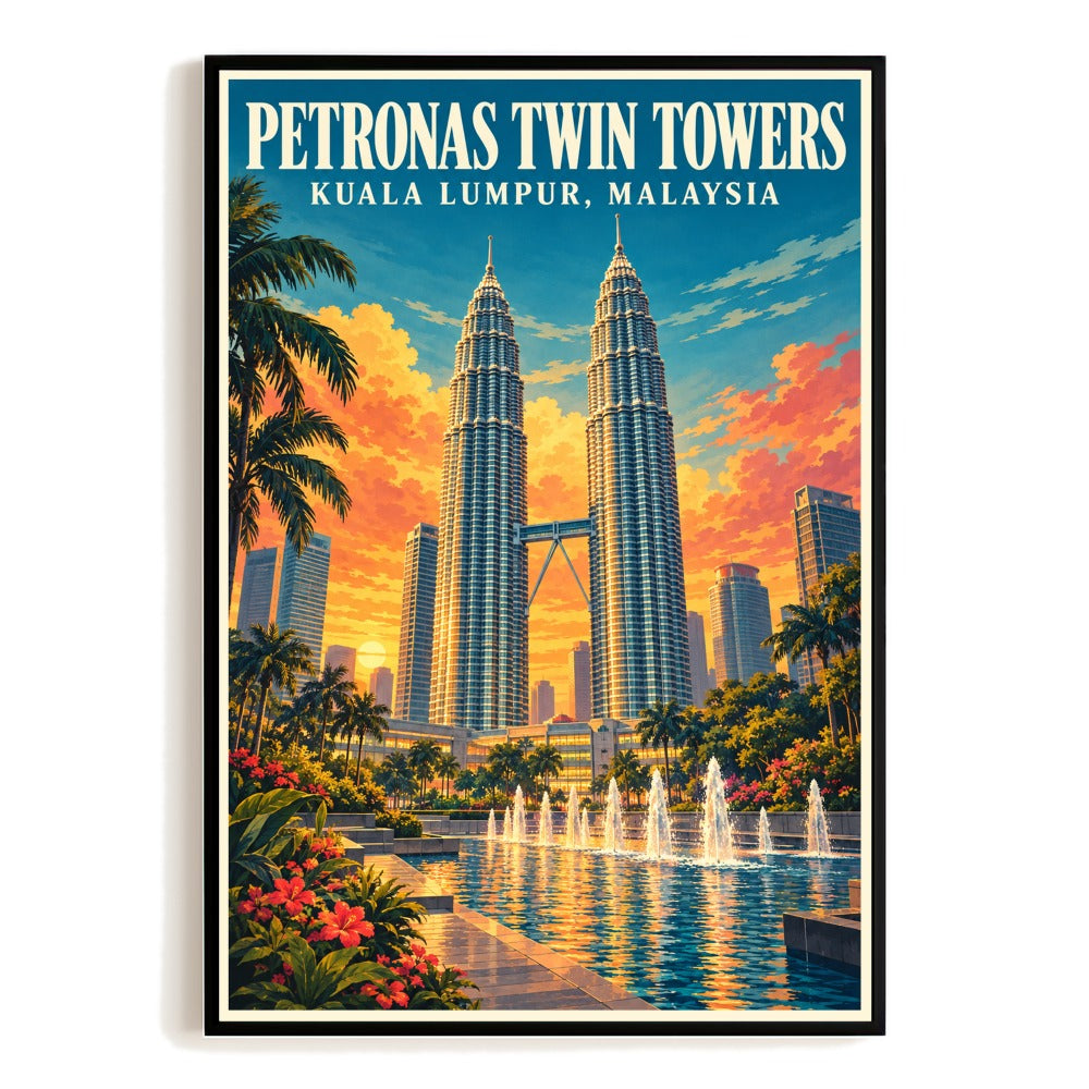 Kuala Lumpur Malaysia Petronas Twin Towers Travel Poster Vintage Skyline Wall Art Print Painting Asian Architecture City Decor For Home Living Room Bedroom Unframed | teecentury