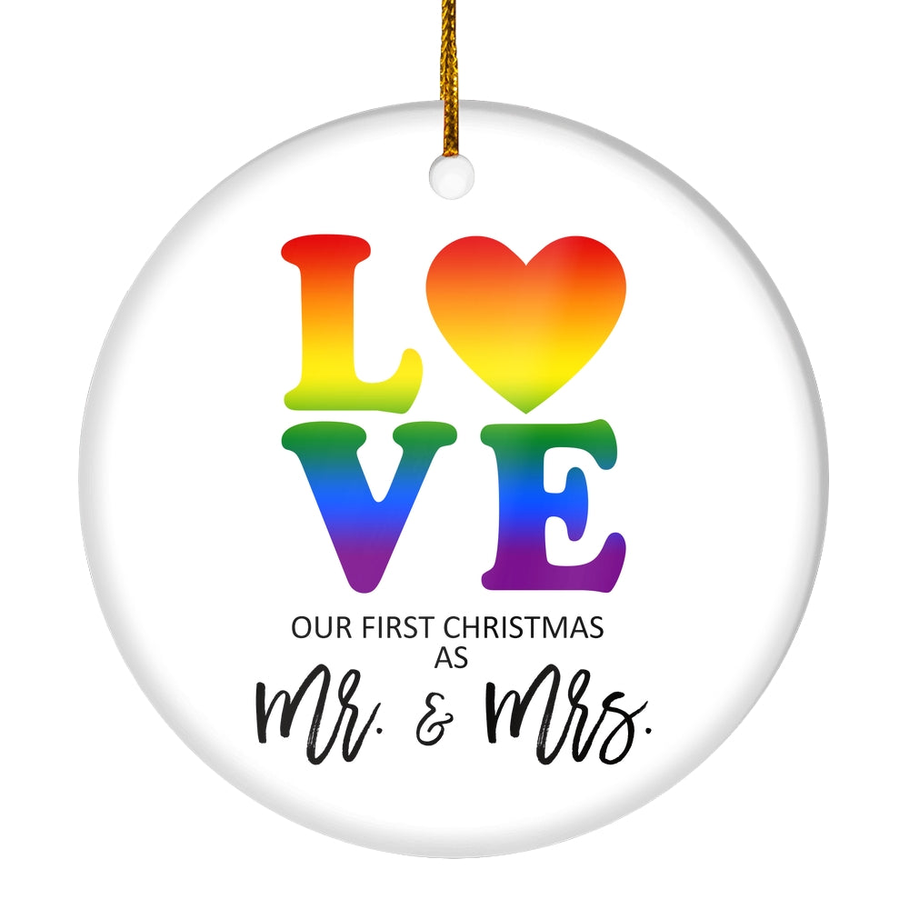LGBT LOVE Christmas Ornament First Christmas Mrs & Mrs Wedding Present Lesbian Married Couple Gay Women First Holiday Marriage Rainbow | teecentury