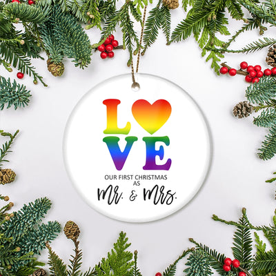 LGBT LOVE Christmas Ornament First Christmas Mrs & Mrs Wedding Present Lesbian Married Couple Gay Women First Holiday Marriage Rainbow | teecentury