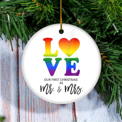 LGBT LOVE Christmas Ornament First Christmas Mrs & Mrs Wedding Present Lesbian Married Couple Gay Women First Holiday Marriage Rainbow | teecentury