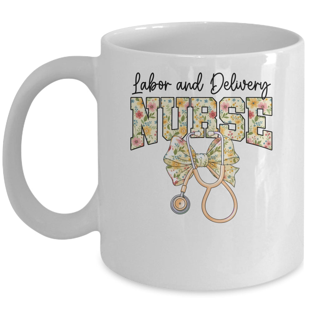 Labor And Delivery Nurse Stethoscope Coquette Bow Graduation Mug | teecentury