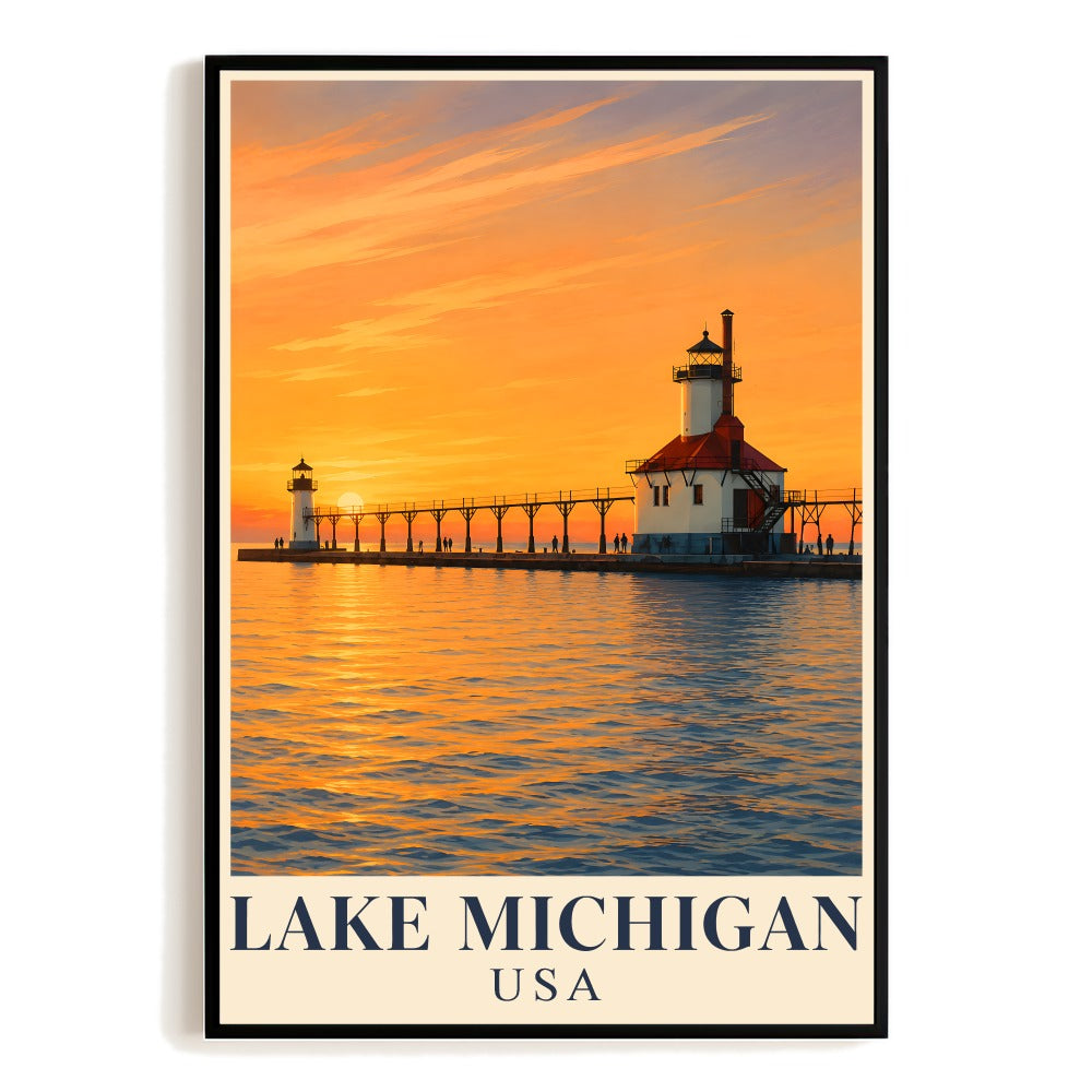 Lake Michigan Travel Poster Vintage Lighthouse Sunset Lake Wall Art Landscape Print Painting Picture Ideal For Home Living Room Office Bedroom Decor Unframed | teecentury