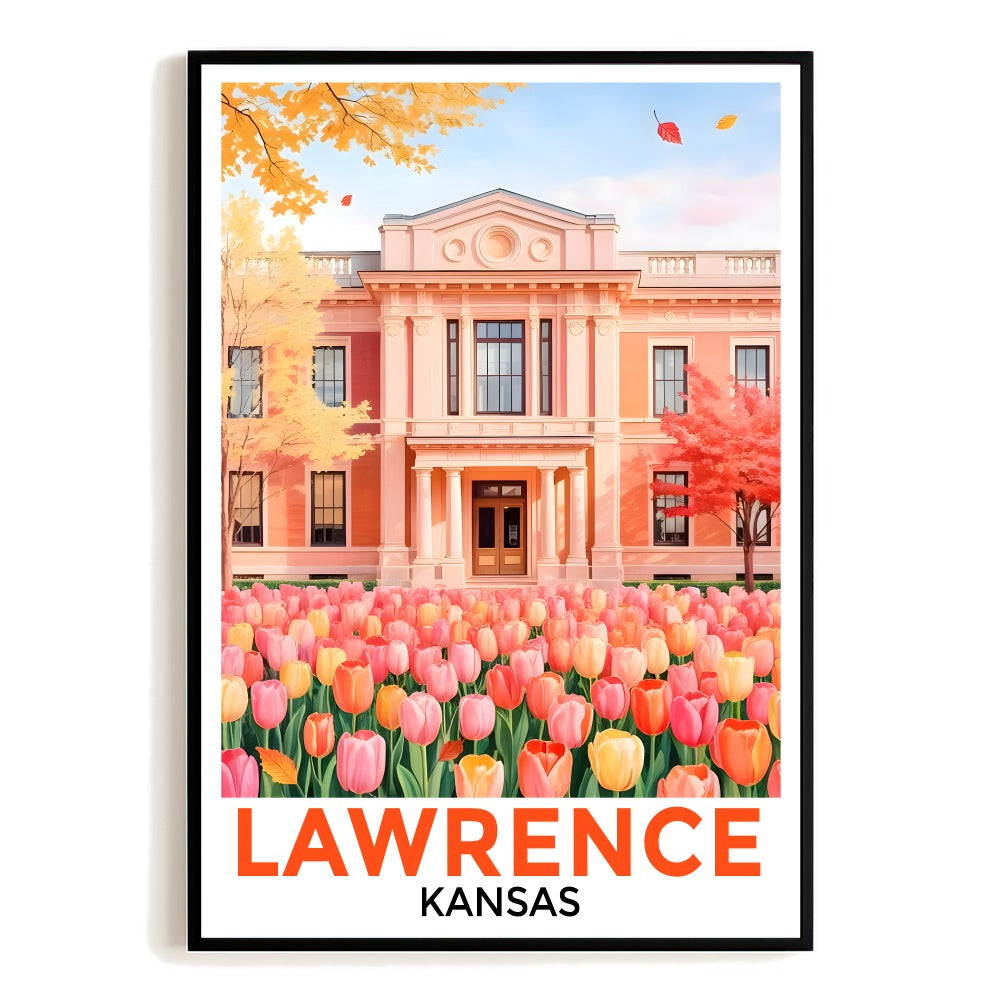 Lawrence Kansas Travel Poster Vibrant Tulip Fields Historic Building Wall Art Teal Pink Orange Watercolor Landscape Print For Home Office Dorm Student Gift Unframed | teecentury