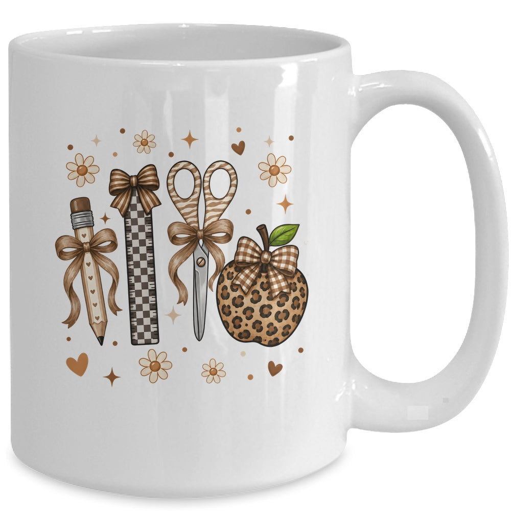 Leopard Teacher Apple School Checkered Pencil Coquette Bow Mug | teecentury