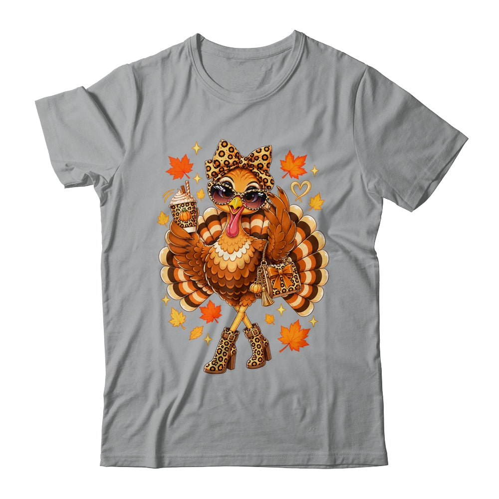 Leopard Turkey Drinking Coffee Women Thanksgiving Turkey Shirt & Sweatshirt | teecentury