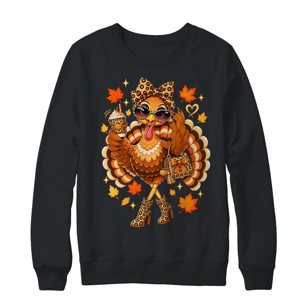 Leopard Turkey Drinking Coffee Women Thanksgiving Turkey Shirt & Sweatshirt | teecentury