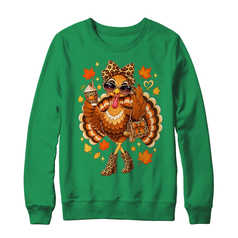 Leopard Turkey Drinking Coffee Women Thanksgiving Turkey Shirt & Sweatshirt | teecentury