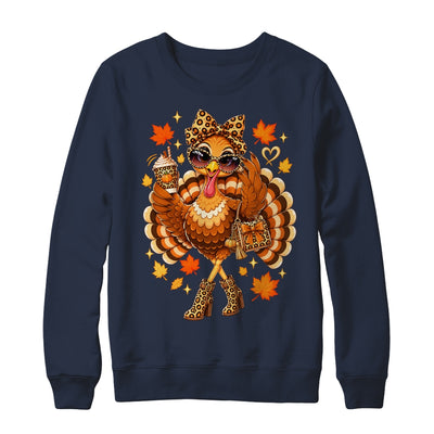 Leopard Turkey Drinking Coffee Women Thanksgiving Turkey Shirt & Sweatshirt | teecentury