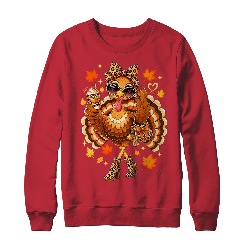 Leopard Turkey Drinking Coffee Women Thanksgiving Turkey Shirt & Sweatshirt | teecentury