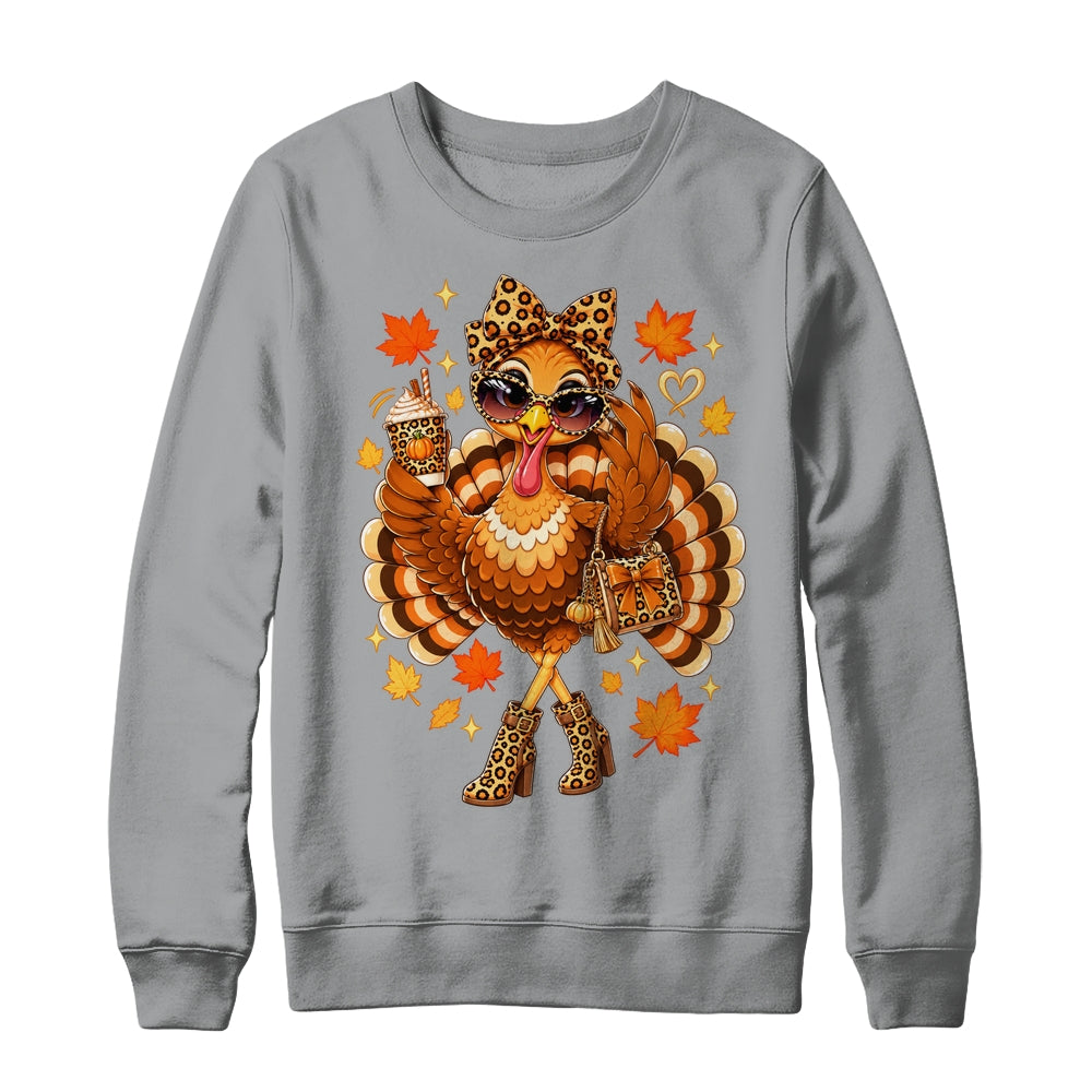 Leopard Turkey Drinking Coffee Women Thanksgiving Turkey Shirt & Sweatshirt | teecentury