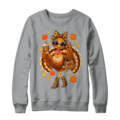 Leopard Turkey Drinking Coffee Women Thanksgiving Turkey Shirt & Sweatshirt | teecentury