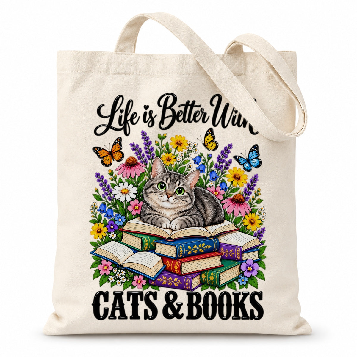 Life Is Better With Cats And Books Canvas Tote Bag Black Cat Reading Book Lover Gift For Women Floral Reusable Shopping Shoulder Bag Library Grocery Daily | teecentury