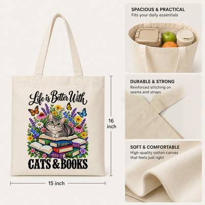 Life Is Better With Cats And Books Canvas Tote Bag Black Cat Reading Book Lover Gift For Women Floral Reusable Shopping Shoulder Bag Library Grocery Daily | teecentury