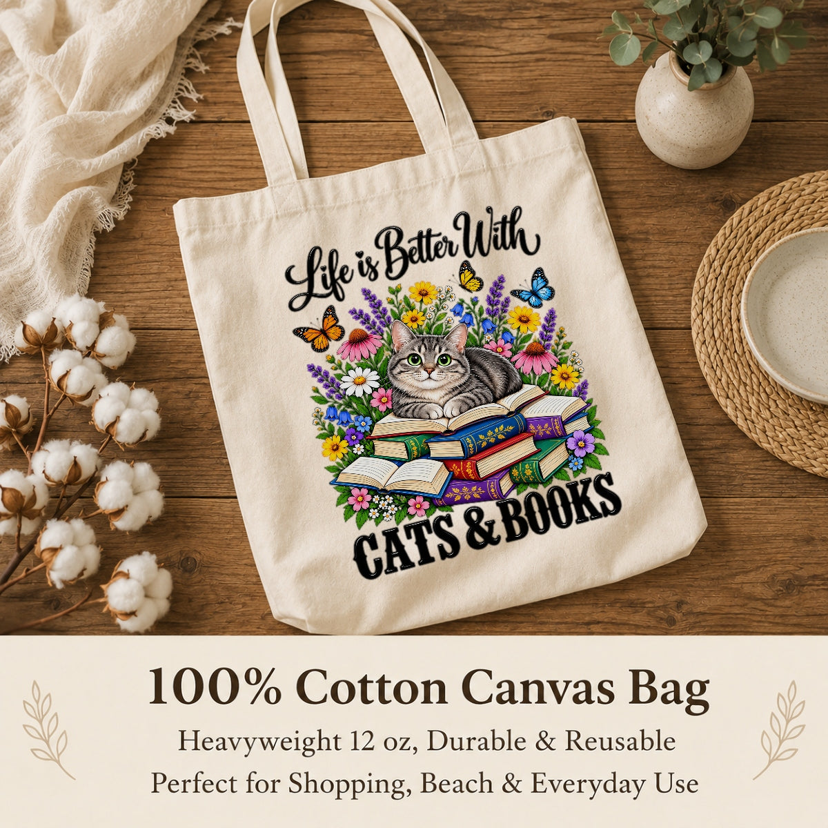 Life Is Better With Cats And Books Canvas Tote Bag Black Cat Reading Book Lover Gift For Women Floral Reusable Shopping Shoulder Bag Library Grocery Daily | teecentury