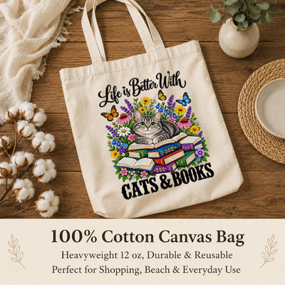 Life Is Better With Cats And Books Canvas Tote Bag Black Cat Reading Book Lover Gift For Women Floral Reusable Shopping Shoulder Bag Library Grocery Daily | teecentury