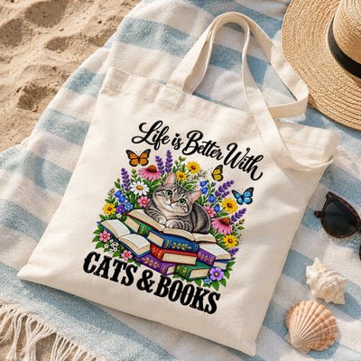 Life Is Better With Cats And Books Canvas Tote Bag Black Cat Reading Book Lover Gift For Women Floral Reusable Shopping Shoulder Bag Library Grocery Daily | teecentury