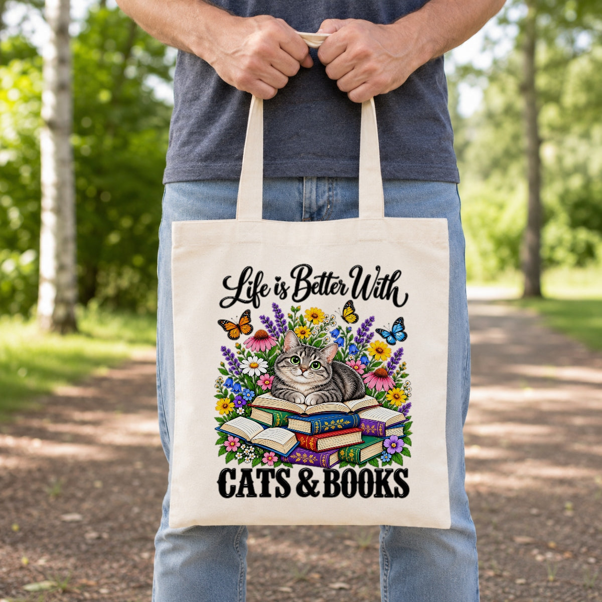 Life Is Better With Cats And Books Canvas Tote Bag Black Cat Reading Book Lover Gift For Women Floral Reusable Shopping Shoulder Bag Library Grocery Daily | teecentury