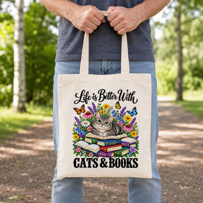 Life Is Better With Cats And Books Canvas Tote Bag Black Cat Reading Book Lover Gift For Women Floral Reusable Shopping Shoulder Bag Library Grocery Daily | teecentury