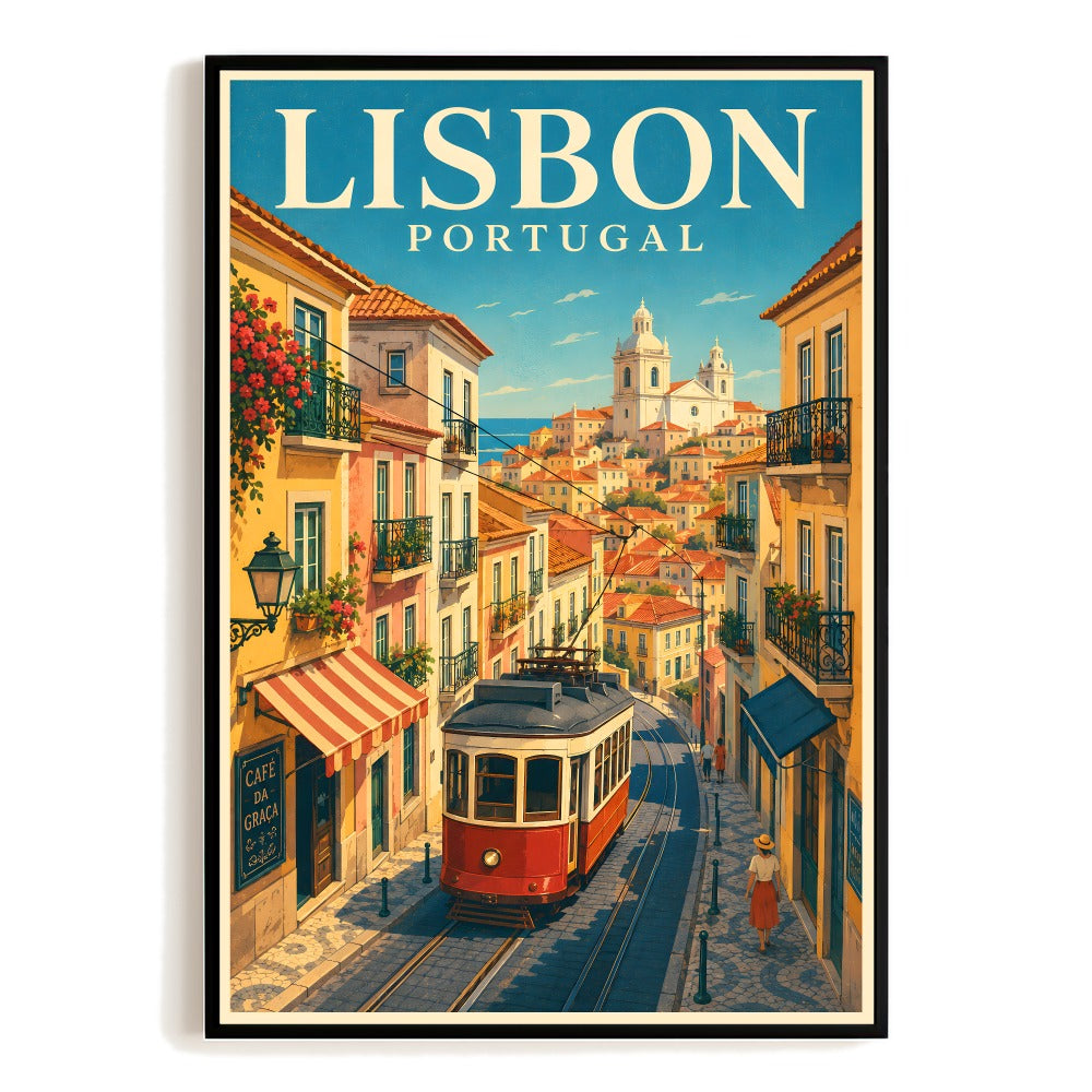 Lisbon Portugal Travel Poster Vintage Tram Cityscape Wall Art Decor Landscape Print Painting Picture Ideal For Home Living Room Office Bedroom Kitchen Decor Unframed | teecentury