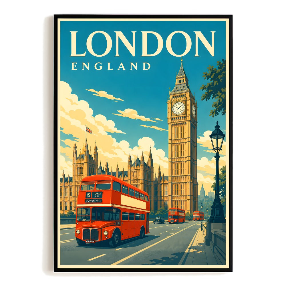 London England Travel Poster Big Ben Red Double Decker Bus Vintage Wall Art Retro Landscape Print Painting Picture For Home Living Room Office Bedroom Decor Unframed | teecentury
