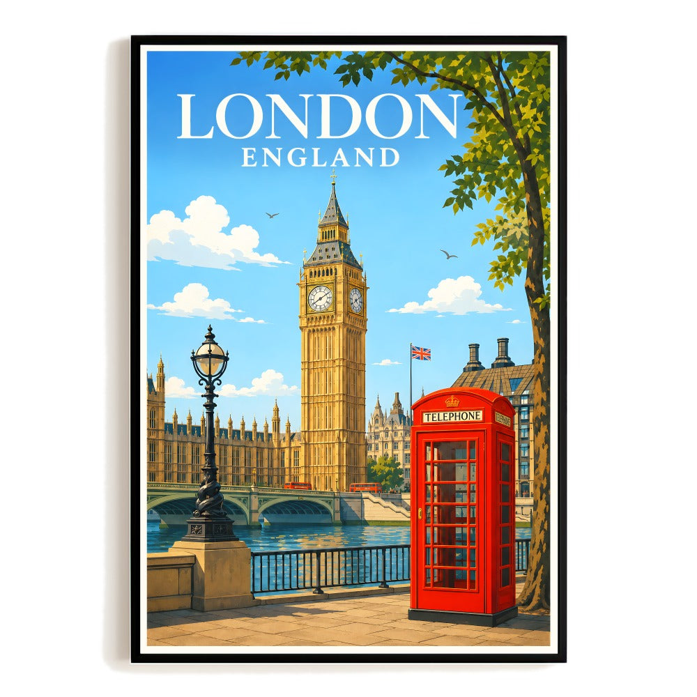 London England Travel Poster Big Ben Red Telephone Booth Vintage Wall Art Decor Landscape Print Painting Ideal For Home Living Room Office Bedroom Kitchen Unframed | teecentury