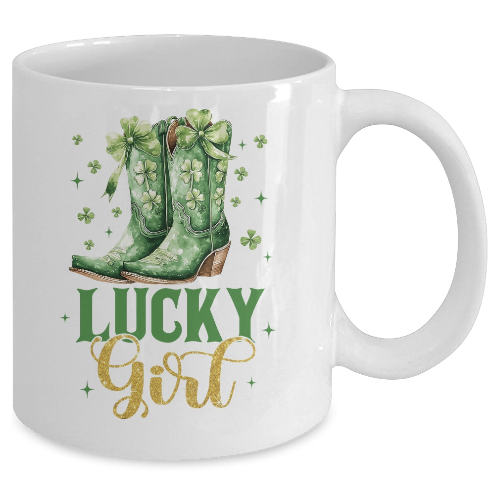 Lucky Girl St Patrick's Day Cowboy Boots Green Shamrock Bow Mug | teecentury