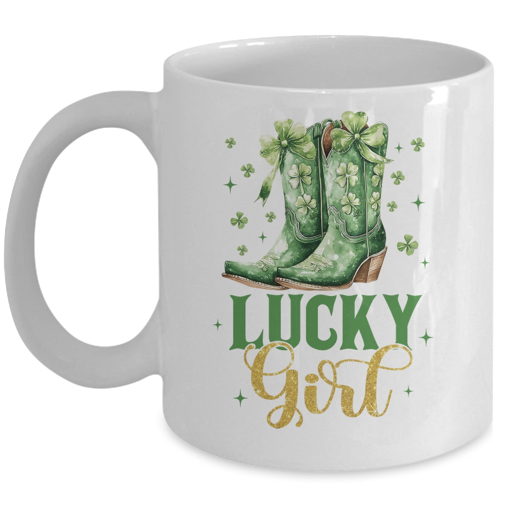 Lucky Girl St Patrick's Day Cowboy Boots Green Shamrock Bow Mug | teecentury