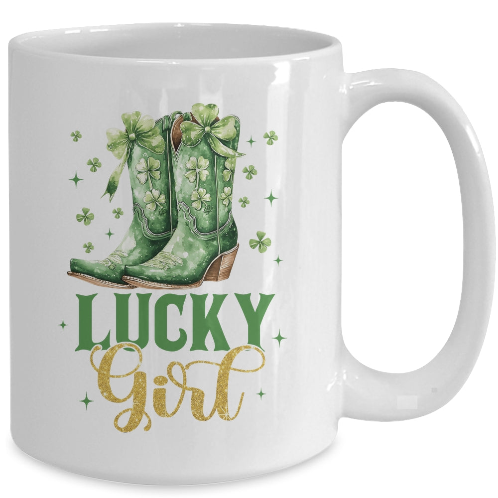 Lucky Girl St Patrick's Day Cowboy Boots Green Shamrock Bow Mug | teecentury